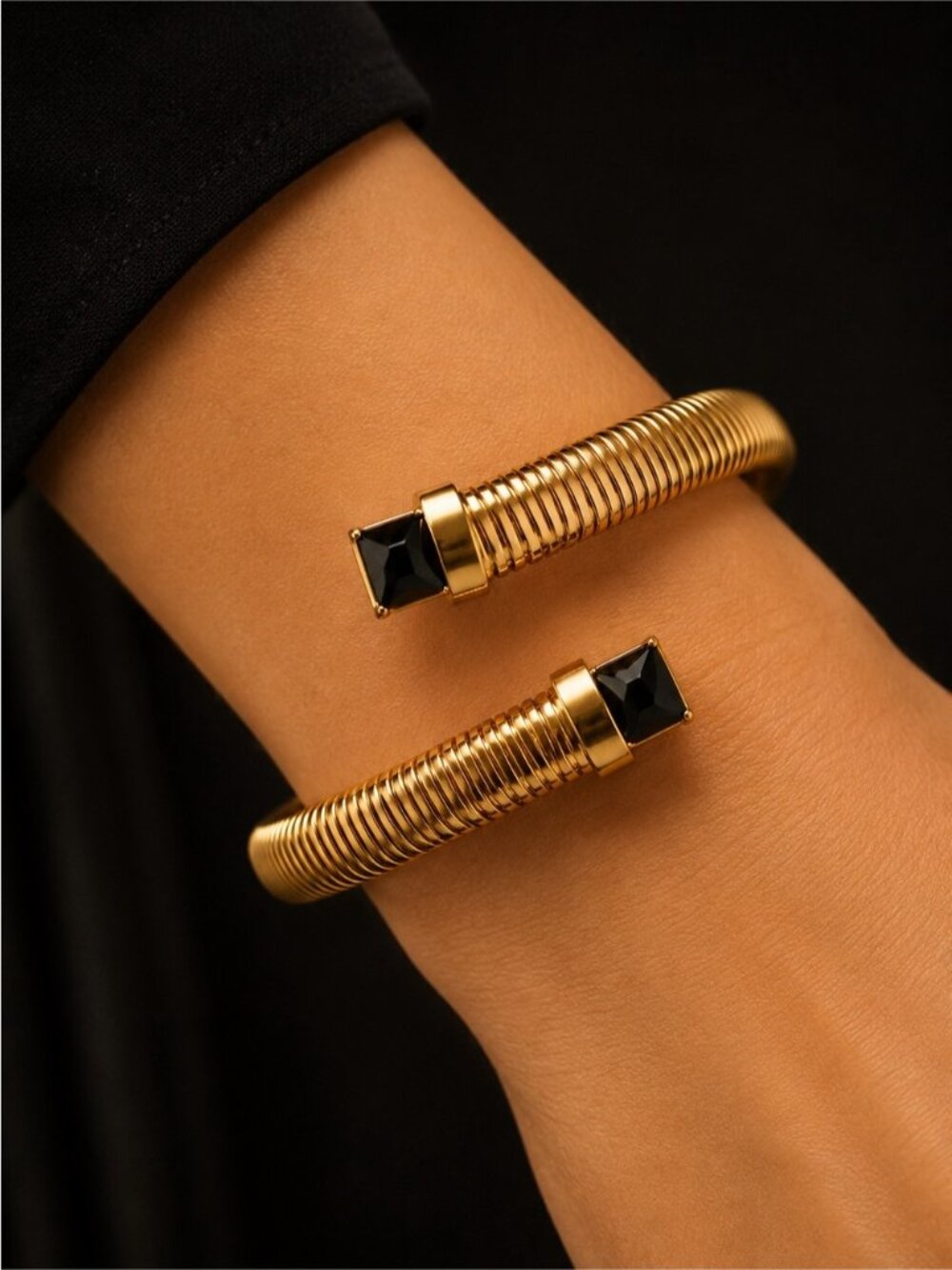 Gold tone Coil Bracelet with Black Square Stones - Picture 3 of 7